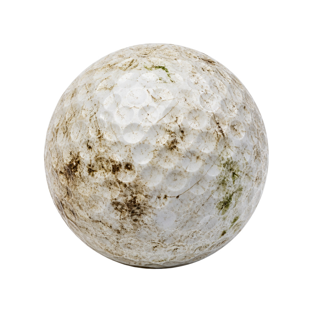 A grass-stained golf ball before cleaning